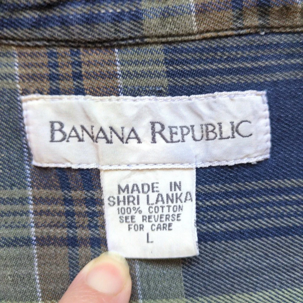 Vtg 90s Banana Republic Plaid Button Down Shirt Blue Green Tan Grunge Large